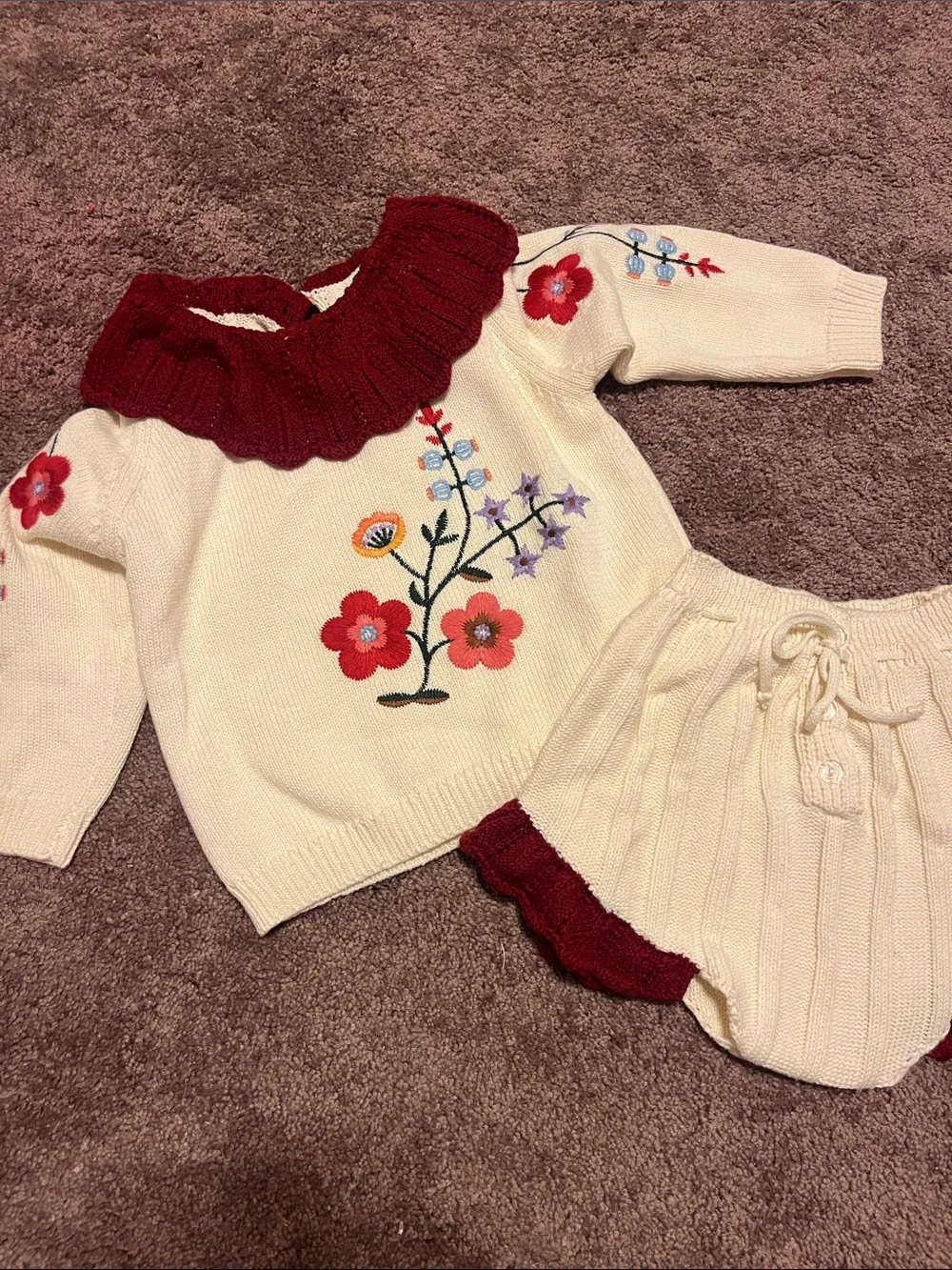 Cream & Red Floral Knit Baby Set with Ruffle Collar